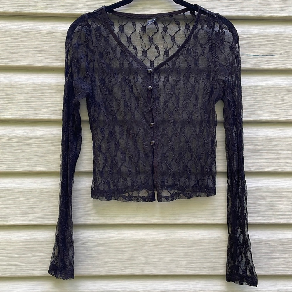 SHEIN Sheer Lace Button-Down Blouse